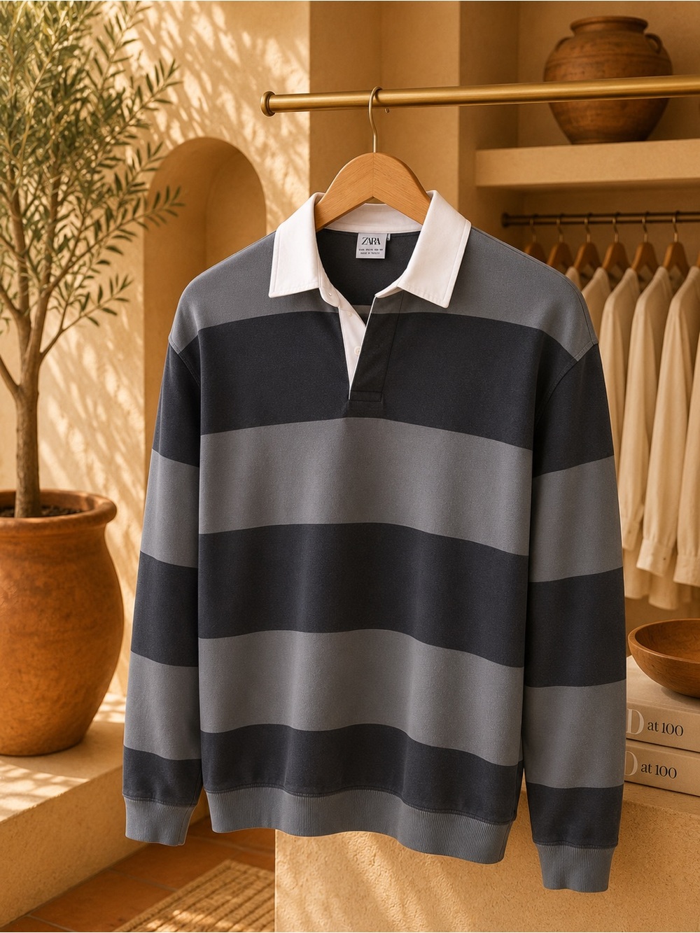 ZARA Men’s Striped Rugby Polo Shirt – Gray & Charcoal – Size S